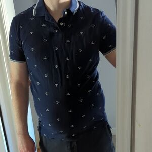 Navy Blue Polo Shirt with Anchor Pattern